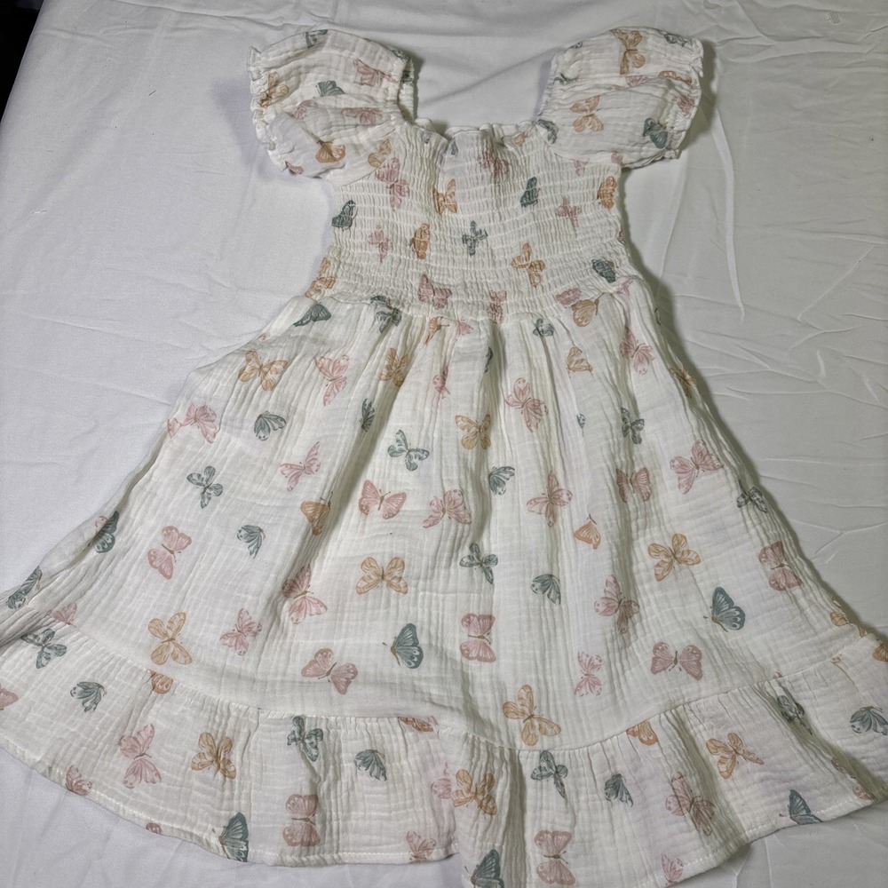 Chick Pea Organic Baby Girls Smocked Butterfly Dress 5T Cotton Puff Sleeve
